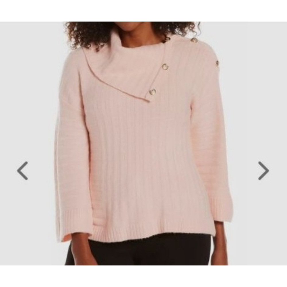 Women's Rafaella Pastel Peach Blush Ribbed Cowl Neck Sweater with Gold Buttons M